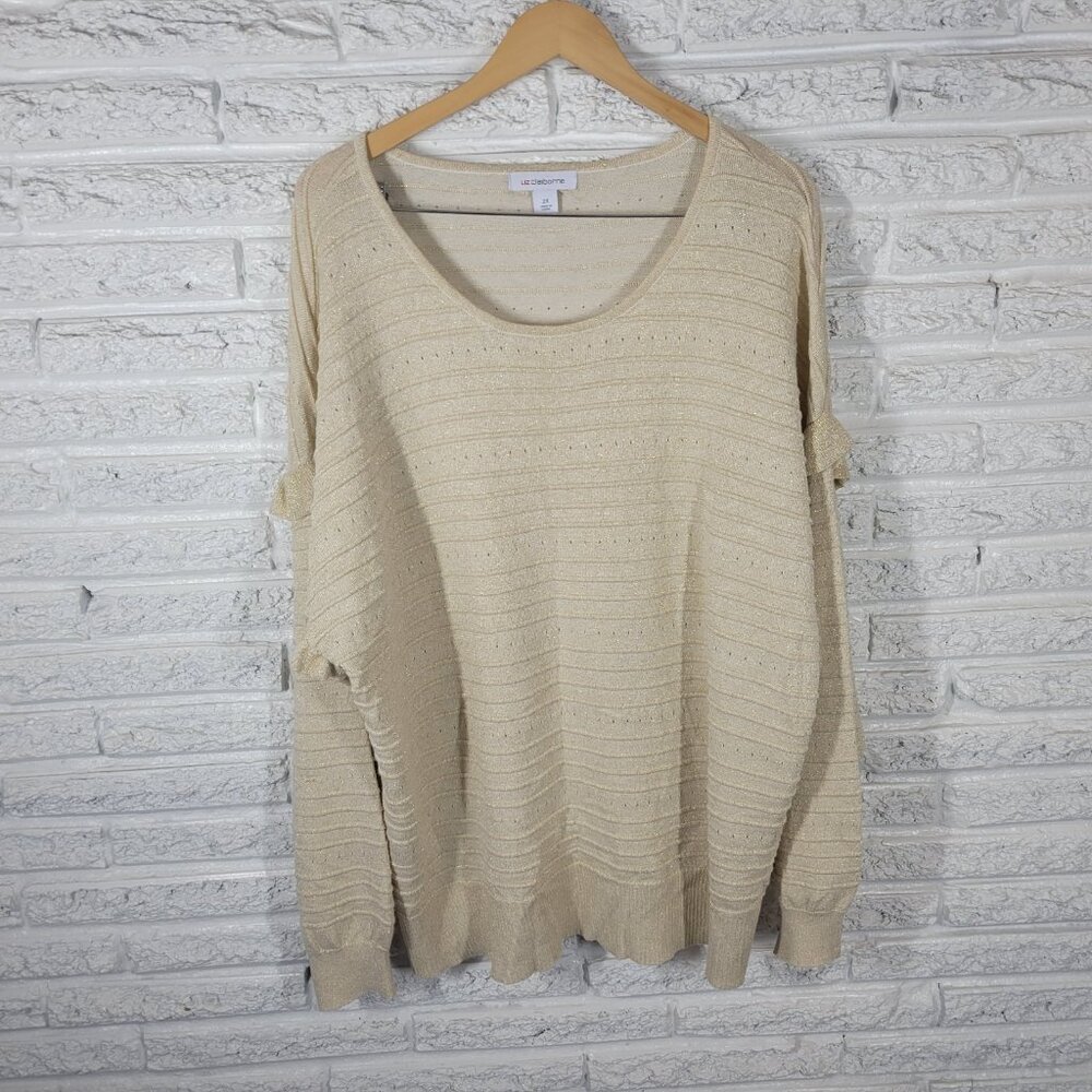 Liz Claiborne 2X Plus Gold Metallic Sweater Ruffle Pleated Round Neck  SWE114E